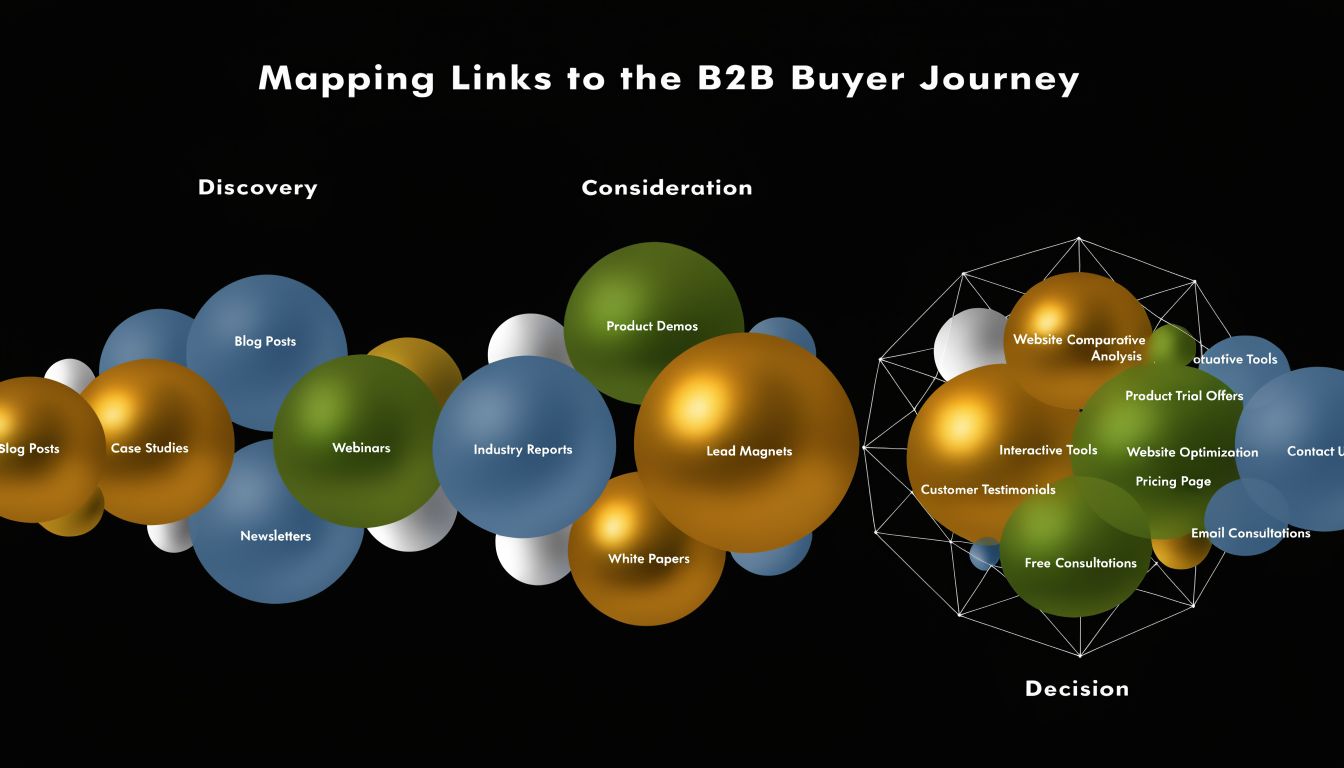 A diagram mapping content marketing strategies like blog posts and webinars to the B2B buyer journey stages.
