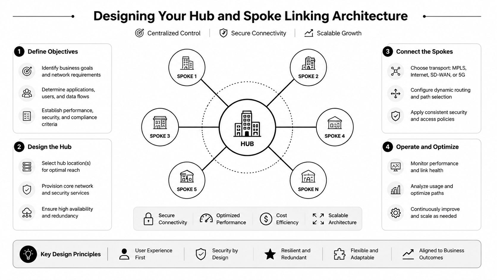 A diagram illustrating a hub and spoke network architecture design with four steps and key design principles.