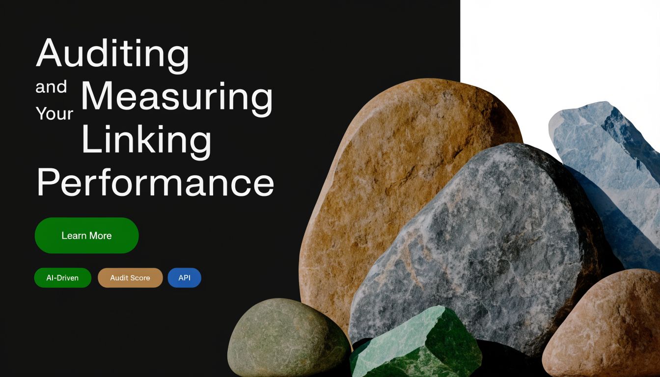 A minimalist graphic promoting internal linking strategy with large decorative stones on a dark background.