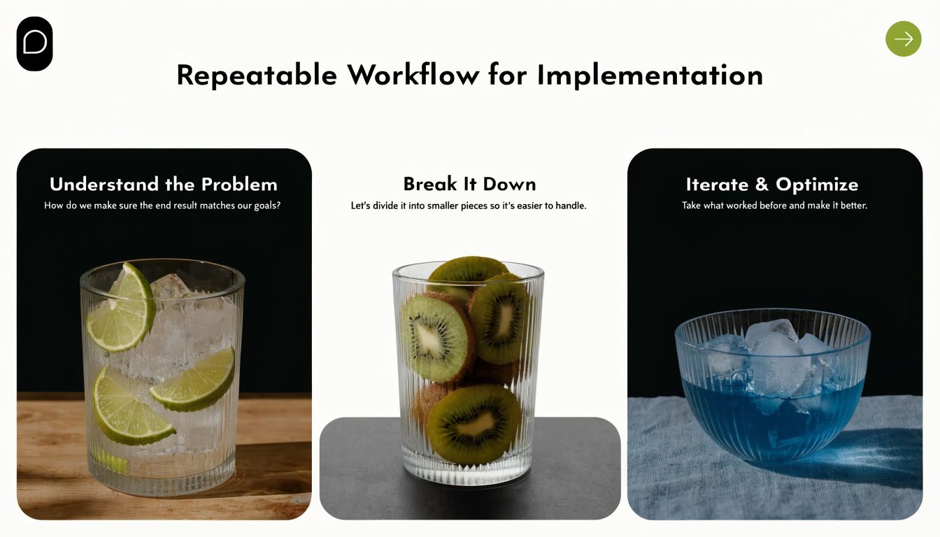A graphic slide illustrating a repeatable implementation workflow with three steps featuring glasses of ingredients.